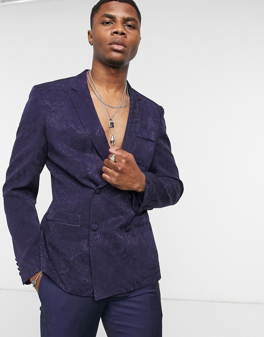 ASOS EDITION - Blazer da abito stile pigiama in jacquard blu navy con logo in coordinato