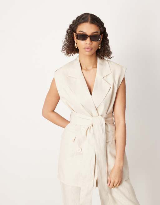 ASOS EDITION - Blazer doppiopetto senza maniche con cintura color pietra in coordinato