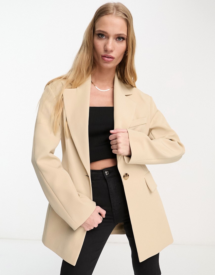 Asos Design Blazer With Exaggerated Shoulder In Taupe-neutral