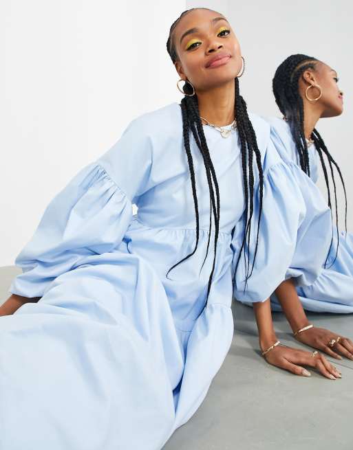 ASOS EDITION – Blekblå panelsydd midaxiklänning med smock och knytning baktill, 3 av 4