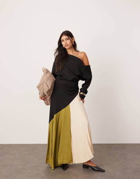 ASOS EDITION – Blockfärgad maxiklänning i off shoulder-modell med veck - view 1