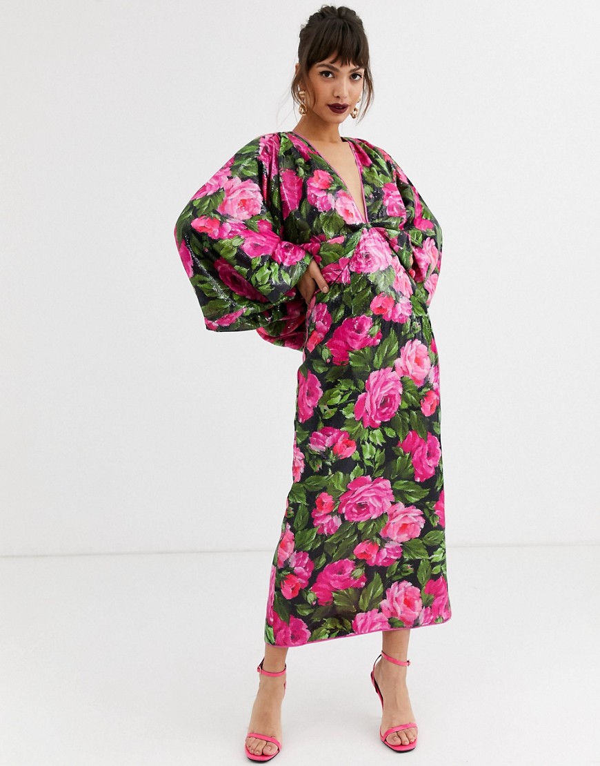 ASOS EDITION – Blommig klänning med kimonoärm och paljetter-Flerfärgad