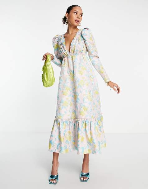 ASOS EDITION – Blommig midiklänning i jacquard med plisserad byst - view 1