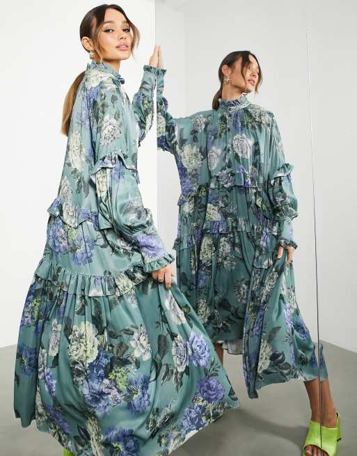 ASOS EDITION – Blommig, panelsydd midiklänning med smock, volanger och knäppning framtill