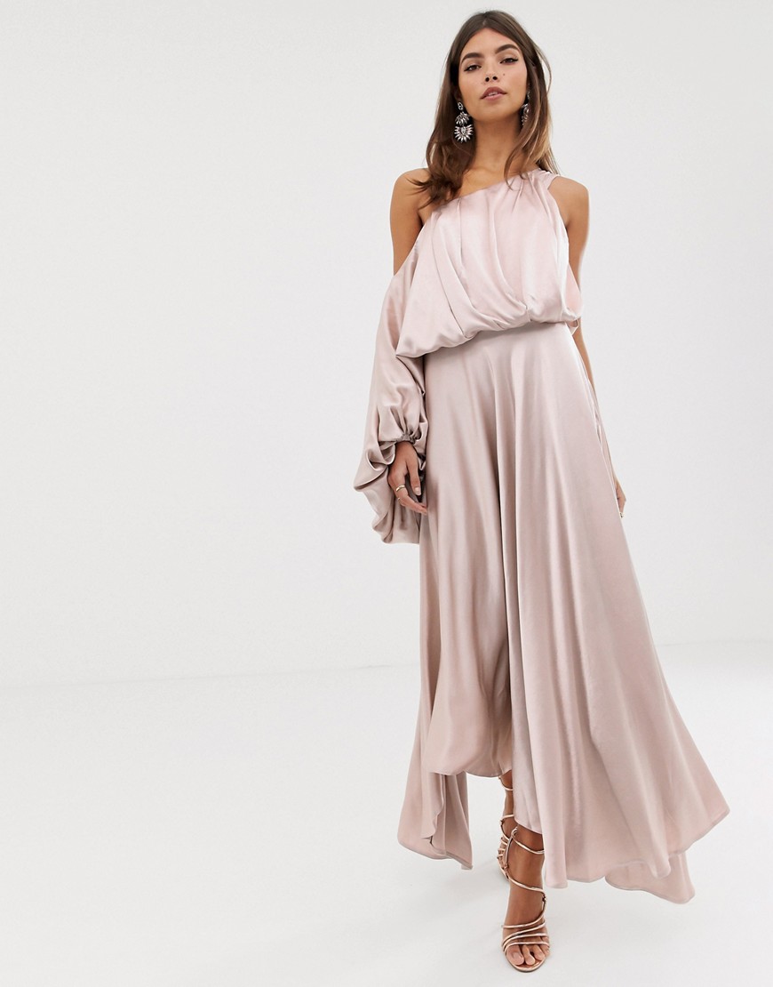 ASOS EDITION - Blouson-kjole i satin med oneshoulder-Pink