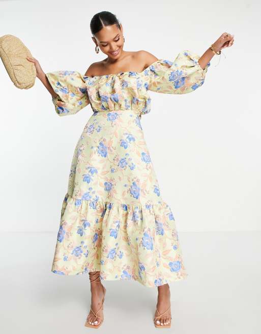 ASOS EDITION blouson off shoulder midi dress in floral jacquard