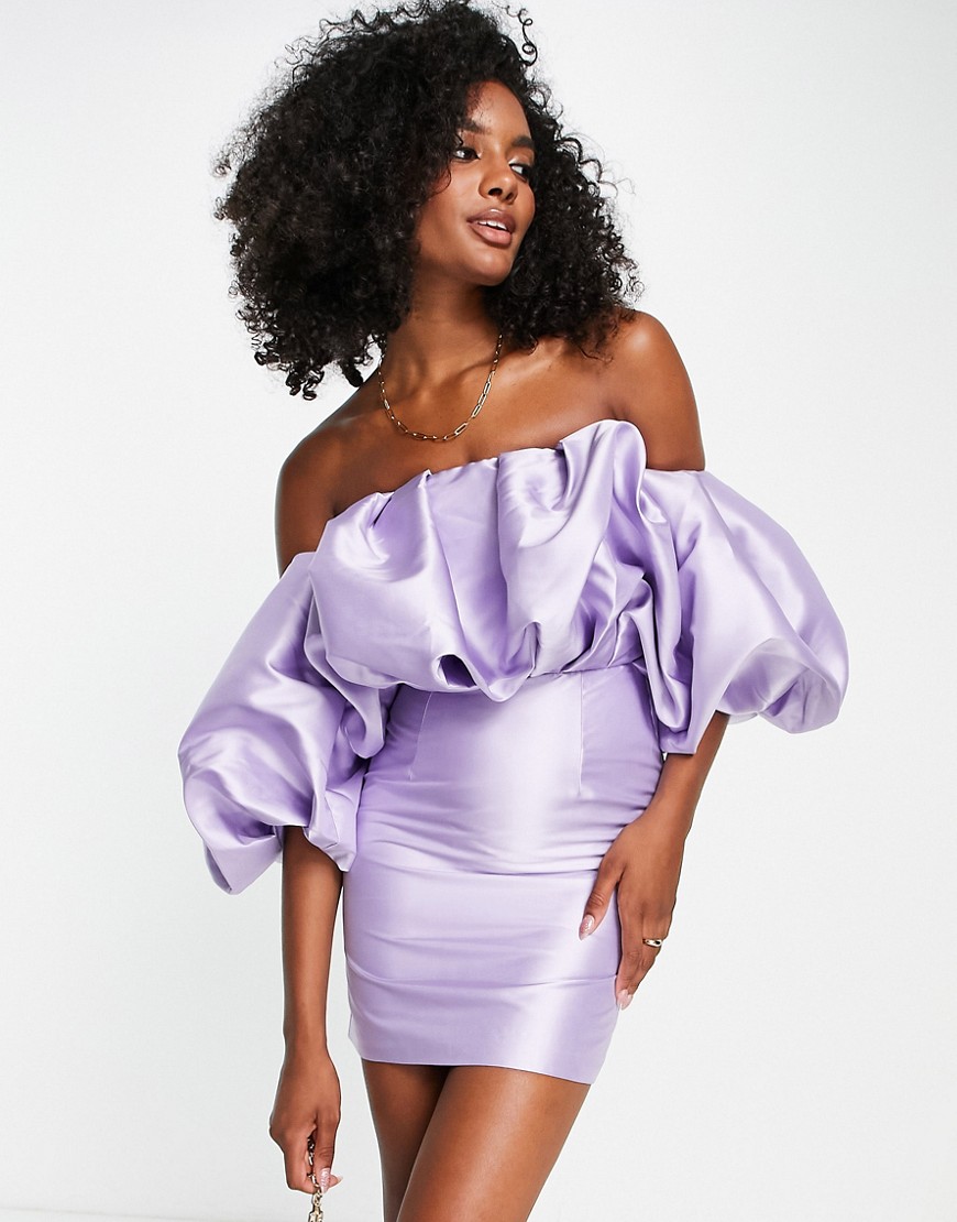Asos Design Blouson Off Shoulder Mini Dress In Satin Twill In Lilac-purple