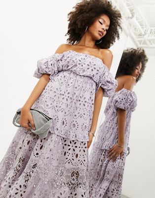 ASOS EDITION blouson off shoulder tiered broderie midi dress in lilac