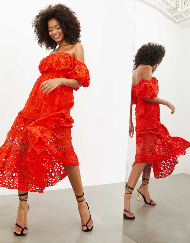 ASOS EDITION - blouson off shoulder tiered broderie midi dress in tomato red