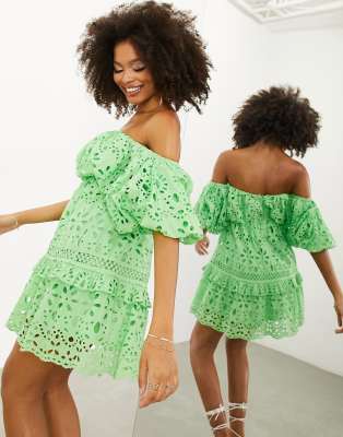 ASOS EDITION ASOS EDITION blouson off shoulder tiered broderie mini dress in bright green