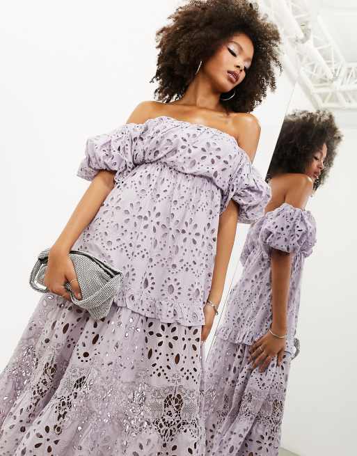 Lola Off Shoulder Bonded Satin Pleated Midi Dress In Lilac – Glemo