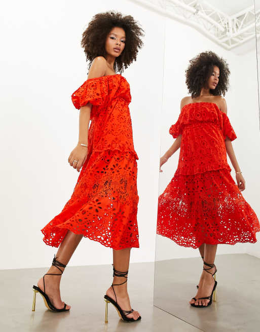 ASOS EDITION blouson off shoulder tiered eyelet midi dress in tomato red