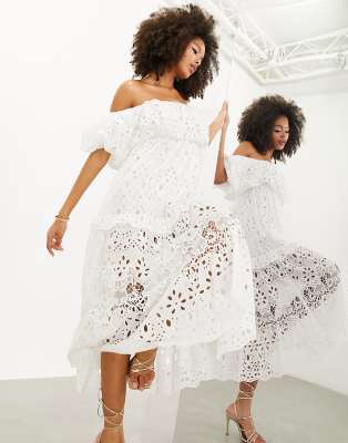 blouson off shoulder tiered eyelet midi dress in white