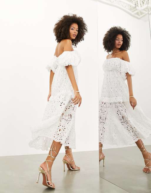 ASOS EDITION blouson off shoulder tiered eyelet midi dress in white ASOS