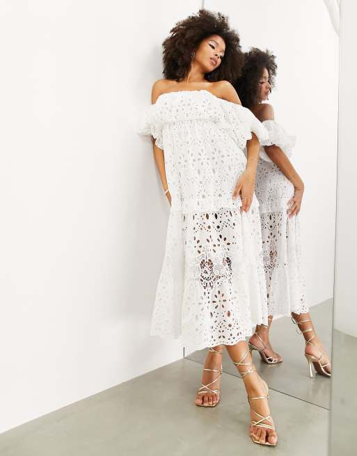 ASOS EDITION blouson off shoulder tiered eyelet midi dress in white