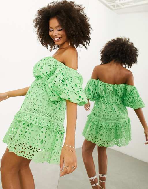 ASOS EDITION blouson off shoulder tiered eyelet mini dress in bright green