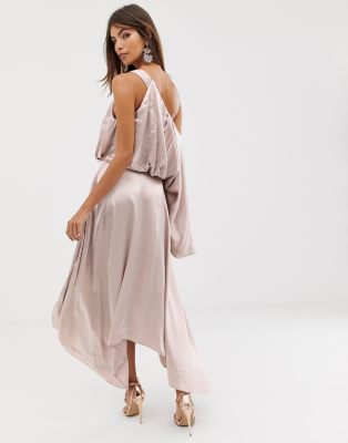 blouson one shoulder dress in satin