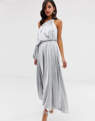 ASOS EDITION blouson one shoulder dress in satin-Blue