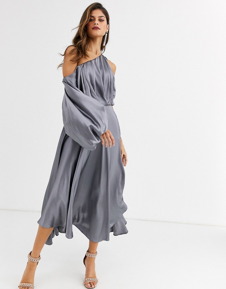 Asos Design Blouson One Shoulder Dress In Satin-grey