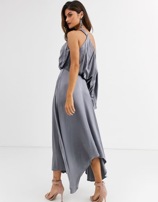 Asos edition blouson one 2024 shoulder dress in satin