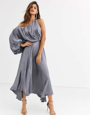 blouson one shoulder dress in satin