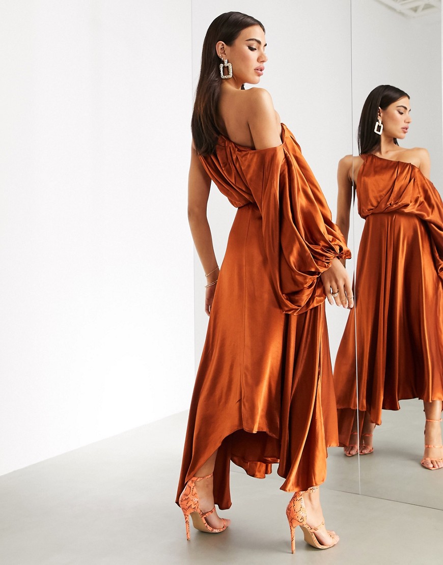 ASOS EDITION blouson one shoulder dress in satin-Orange