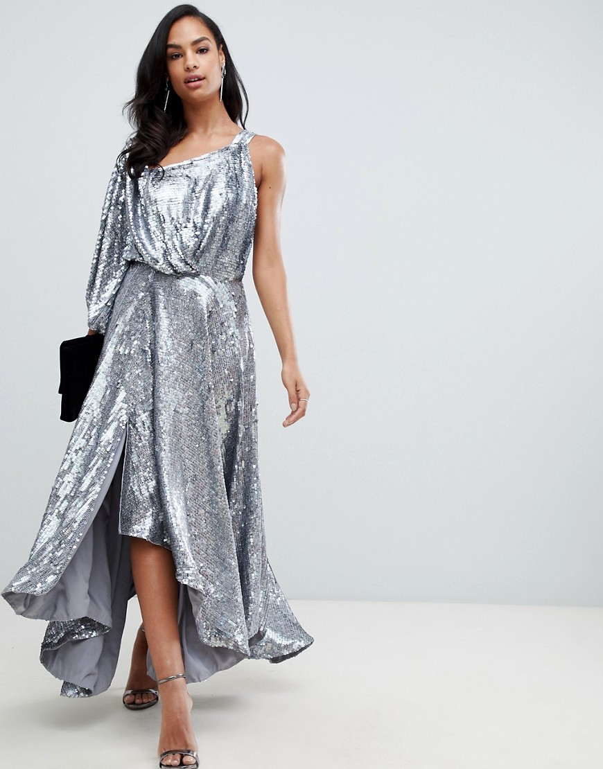ASOS EDITION blouson one shoulder midi dress in holographic sequin-Silver