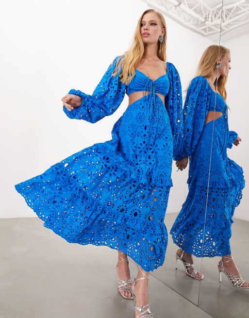 ASOS EDITION blouson sleeve broderie midi dress with cut out in azure blue