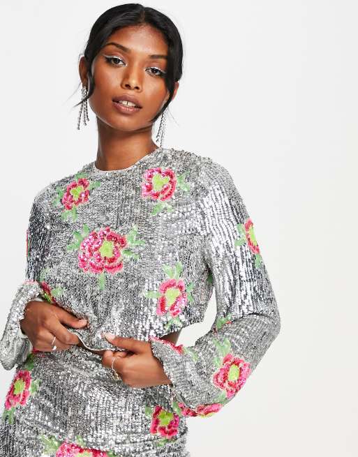 ASOS EDITION blouson sleeve crop top in floral sequin