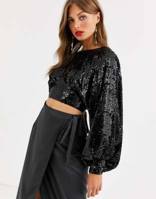 ASOS EDITION blouson sleeve crop top in sequin-Blue