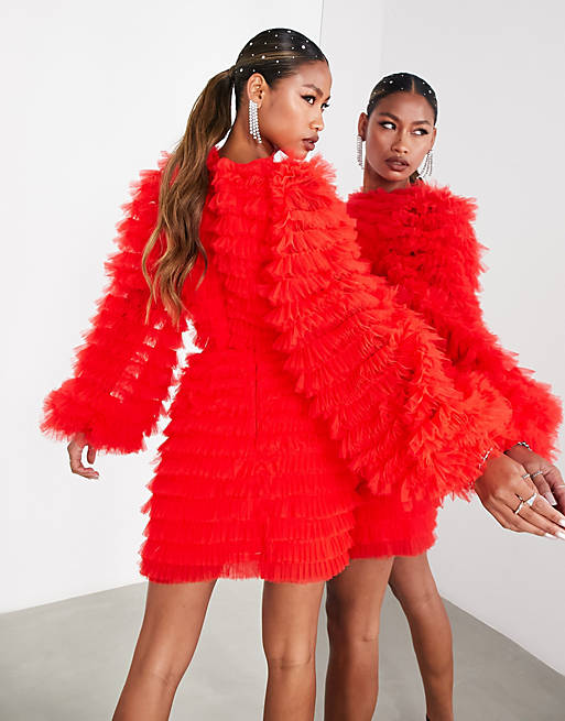 ASOS EDITION blouson sleeve crop top in tulle in bright red