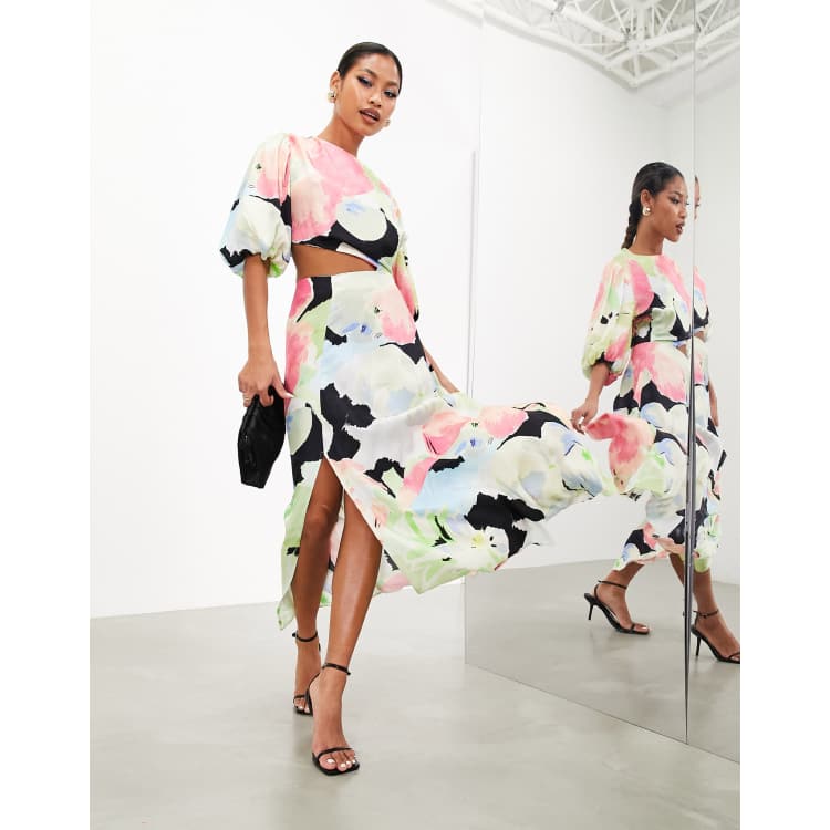 ASOS EDITION blouson sleeve cut out midi dress in oversized floral print