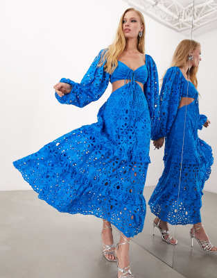 Asos Design Blouson Sleeve Eyelet Midi Dress With Cut Out In Azure Blue In Blue