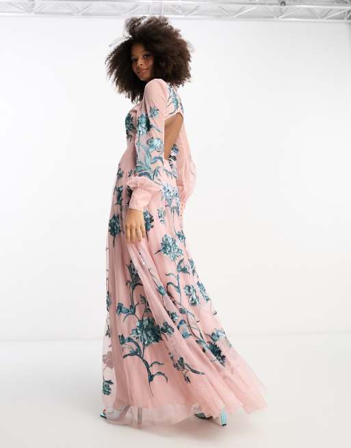 ASOS EDITION blouson sleeve floral embroidered maxi dress with open back in  light pink