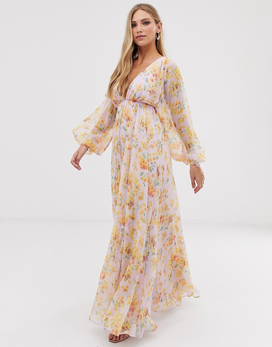 ASOS EDITION blouson sleeve maxi dress in delicate floral print-Multi