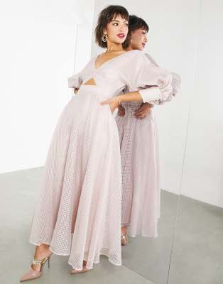 ASOS EDITION blouson sleeve midi dress in organza check in blush-Pink