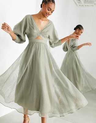 ASOS EDITION blouson sleeve midi dress in organza check in khaki - ASOS Price Checker