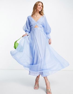 ASOS EDITION blouson sleeve midi dress in organza check in pale blue