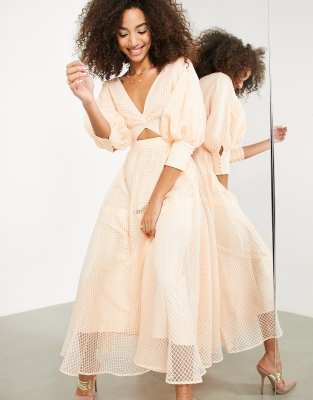 ASOS EDITION blouson sleeve midi dress in organza check in soft apricot-Orange