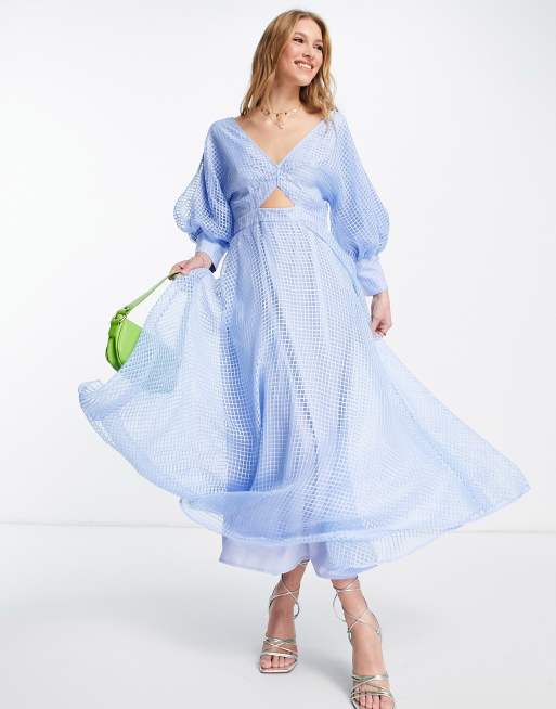 ASOS EDITION blouson sleeve midi dress in pale blue organza check