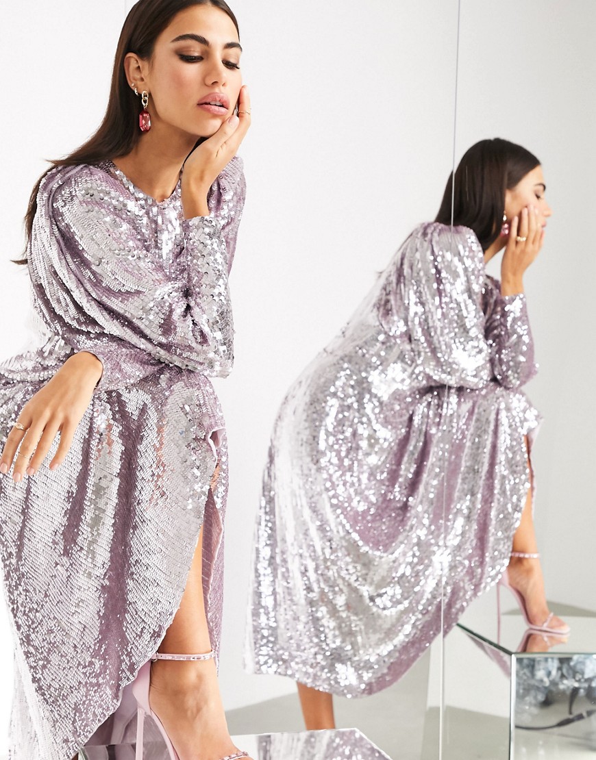 ASOS EDITION blouson sleeve midi dress in sequin-Purple