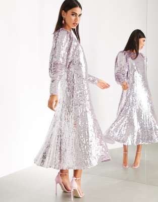 asos edition sequin midi dress with blouson sleeve