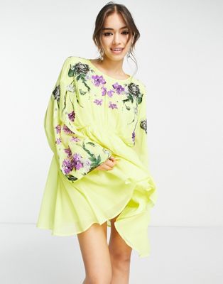 Asos Design Curve Blouson Sleeve Mini Dress With Embroidered Bodice In Yellow