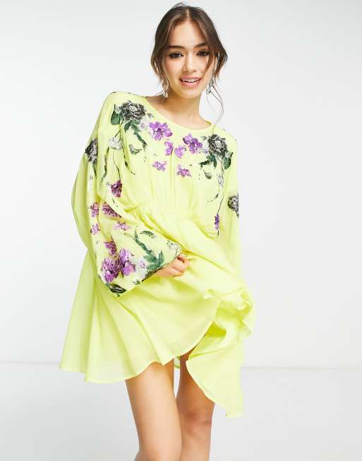 ASOS EDITION blouson sleeve mini dress with embroidered bodice in yellow