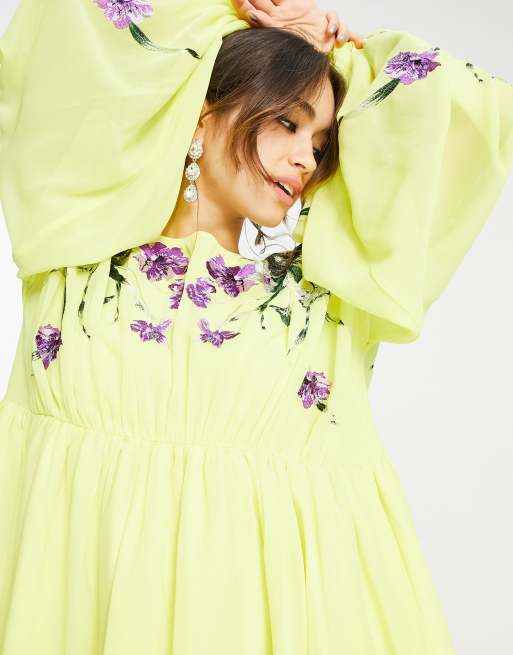 Asos yellow 2024 embroidered dress