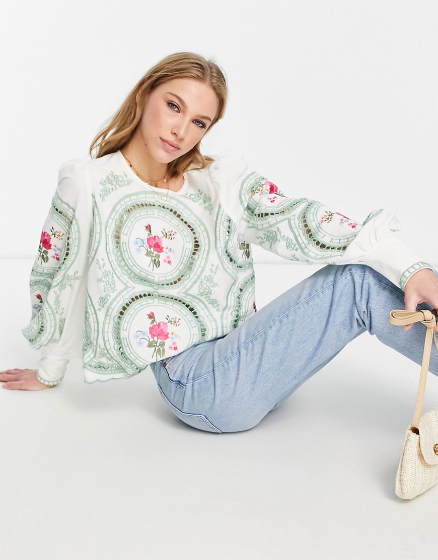 ASOS EDITION blouson sleeve top with floral embroidery and cutwork-White