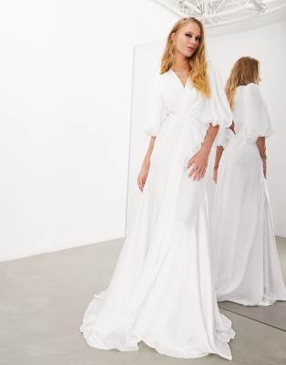 Asos Design Lisa Drape Sleeve Plunge Wedding Dress With Floral Embellishment In Ivory-white