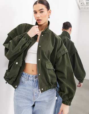 Shop Asos Design Bomber Jacket With Collar In Light Khaki-green