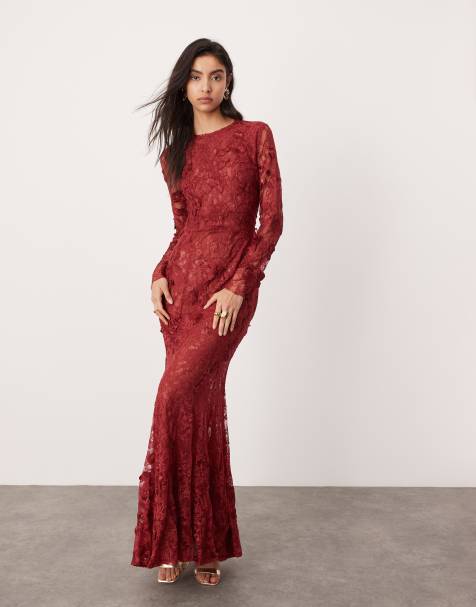 ASOS Edition – Bordowa koronkowa sukienka maxi z długimi rękawami, haftowanymi kwiatami i odkrytymi plecami - view 1