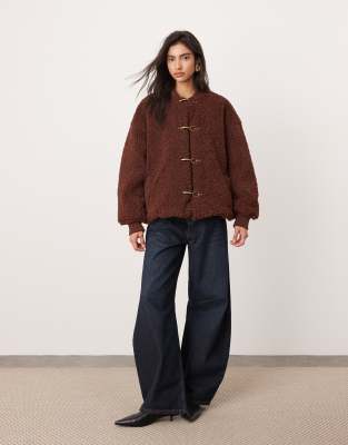 borg chunky buckle detail oversized bomber jacket in Chocolate-Brown